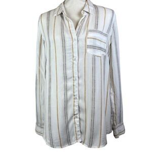 Gentle Fawn Crepe Button‎ Front Shirt White w/ Tan Navy Pocket Oversized XS